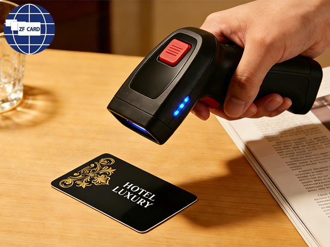 Ein pilot scannt ein objekt auf der hotelschlüsselkarte