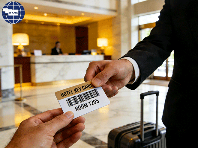 Kosten senken, effizienz steigern! Barcodes, plastik-geschenkgutschein, schlüsselanhänger für ein neues update im hotelzimmer